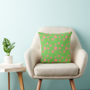 Pink Daisies and Bug Trails On Bright Green Cushion