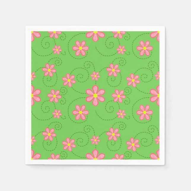 Pink Daisies and Bug Trails On Bright Green Napkin (Front)