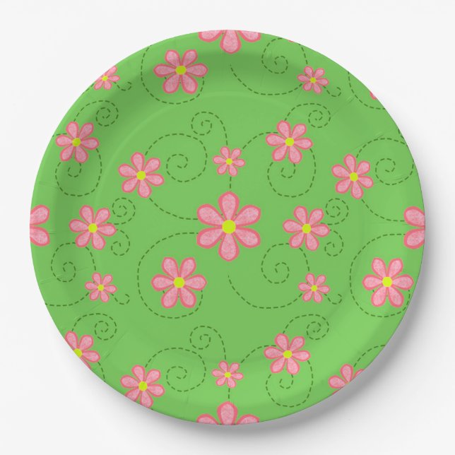 Pink Daisies and Bug Trails On Bright Green Paper Plate (Front)