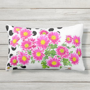 Pink Daisies / Asters Bouquet & black dots Outdoor Cushion