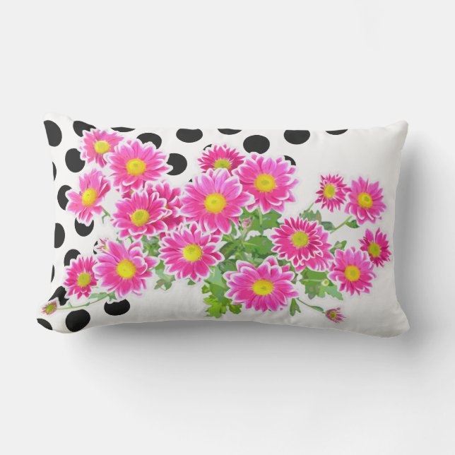 Pink Daisies / Asters Bouquet & black dots Outdoor Cushion (Front)