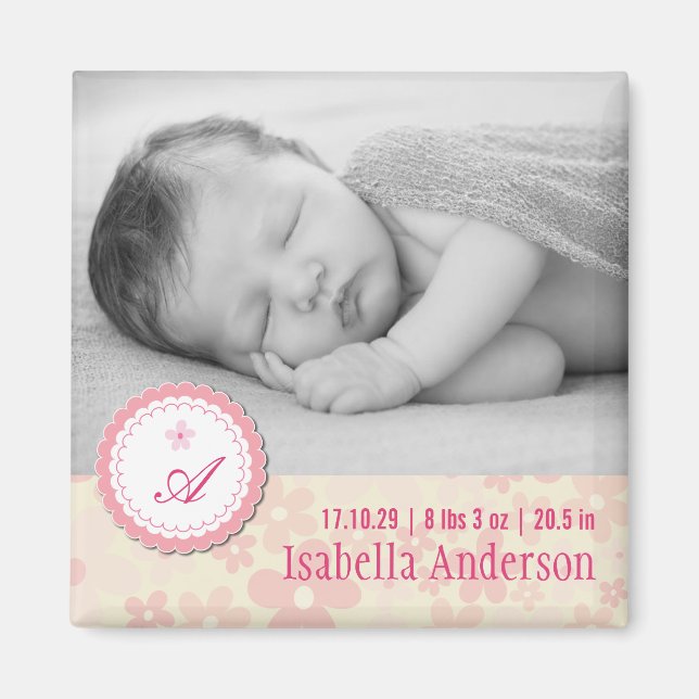 Pink Daisies Baby Girl Birth Announcement Photo Magnet (Front)