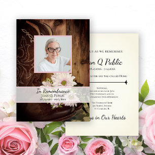 Pink Daisies Cowboy Boot Western Death Anniversary Invitation