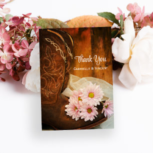 Pink Daisies Cowboy Boot Western Wedding Thank You Postcard
