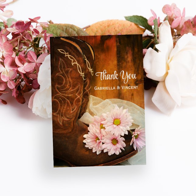 Pink Daisies Cowboy Boot Western Wedding Thank You Postcard (Creator Uploaded)