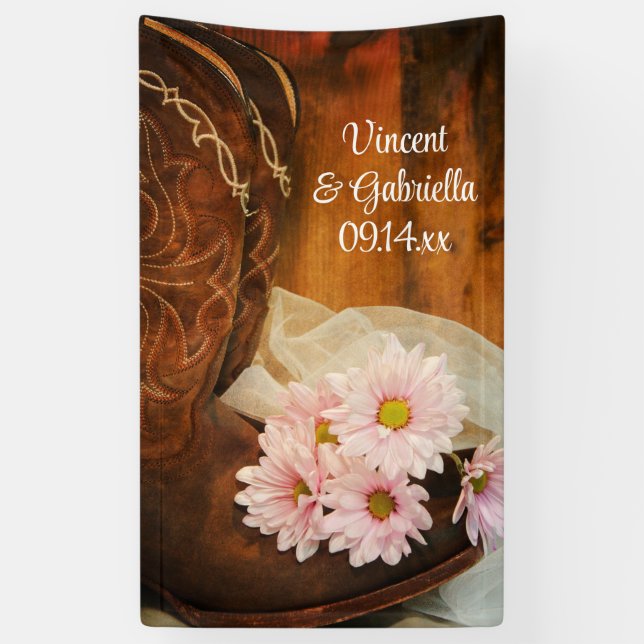 Pink Daisies Cowboy Boots Country Western Wedding Banner (Vertical)