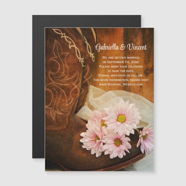 Pink Daisies Cowboy Boots Wedding Save the Date Magnetic Invitation (Front/Back)