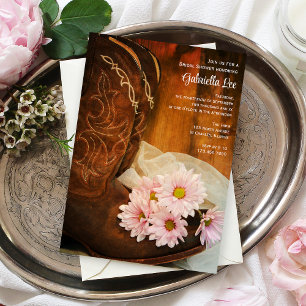 Pink Daisies Cowboy Boots Western Bridal Shower Invitation