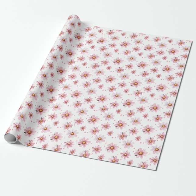 Pink Daisies & Dots on White Wrapping Paper (Unrolled)