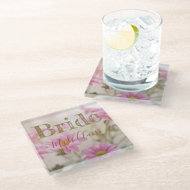 Pink Daisies Glass Coaster Romantic Floral (Angled)