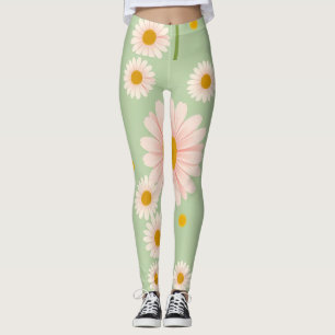 Pink Daisies on Light Green Background Leggings
