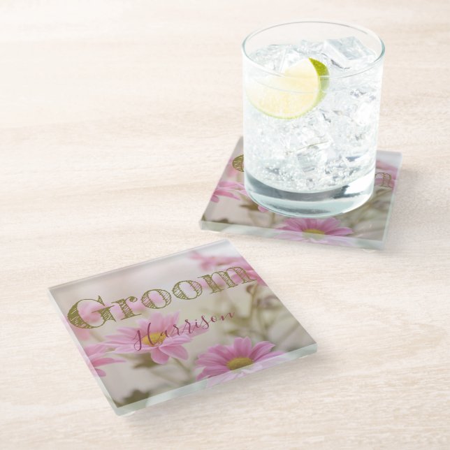 Pink Daisies Romantic Floral Glass Coaster (Angled)