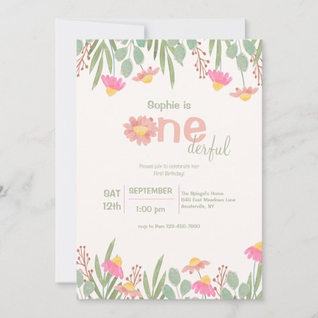 Pink Daisies Watercolor First Birthday Invitation (Front)