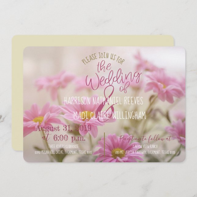 Pink Daisies Wedding Invitation Romantic Flowers (Front/Back)