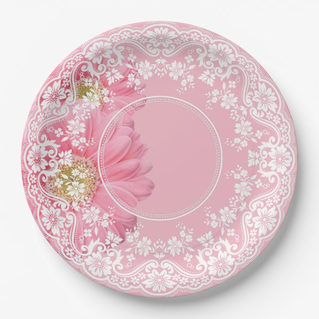 Pink Daisies & White Lace Party Wedding Reception Paper Plate (Front)
