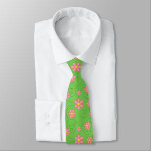 Pink Daisy and Bug Trail Pattern On Bright Green Tie