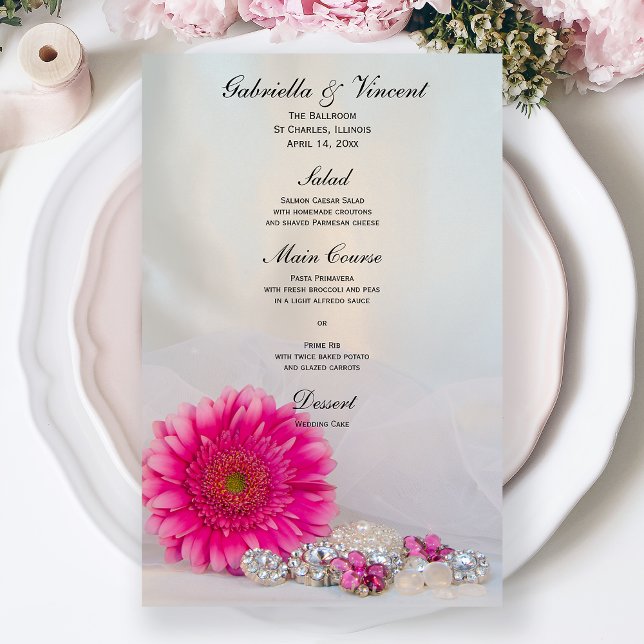 Pink Daisy and Diamond Buttons Wedding Menu (Creator Uploaded)