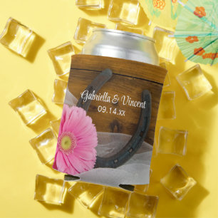 Pink Daisy and Horseshoe Country Wedding Favour Can Cooler