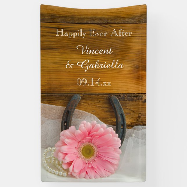 Pink Daisy and Horseshoe Country Western Wedding Banner (Vertical)