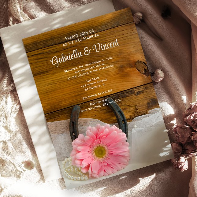 Pink Daisy and Horseshoe Country Western Wedding Invitation (Creator Uploaded)