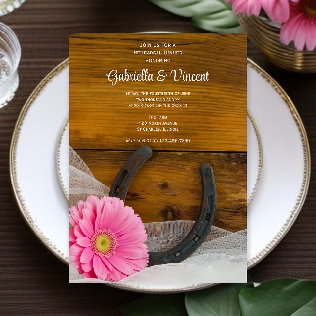 Pink Daisy and Horseshoe Western Rehearsal Dinner Invitation (Creator Uploaded)