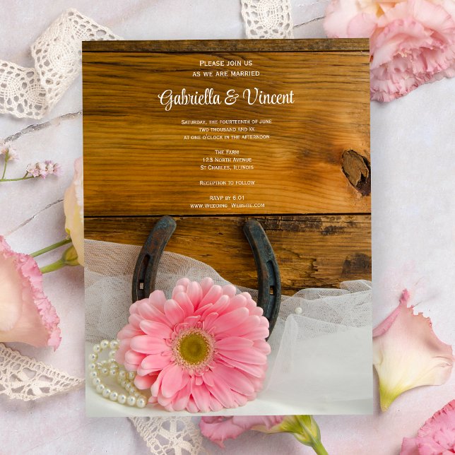 Pink Daisy and Horseshoe Western Wedding Magnetic Invitation (Creator Uploaded)