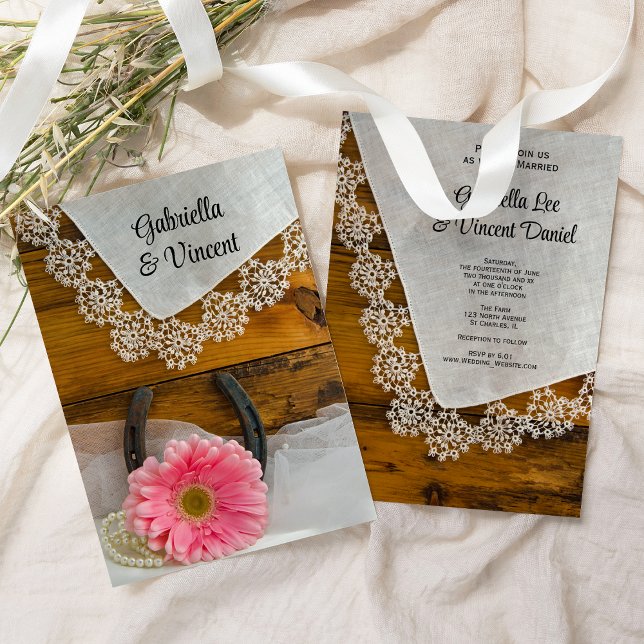 Pink Daisy and Lace Country Western Wedding Invitation (Creator Uploaded)