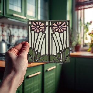 Pink Daisy Art Deco Floral Wall Decor Art Nouveau Ceramic Tile