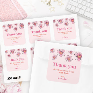 Pink Daisy Baby Shower Square Thank You Sticker