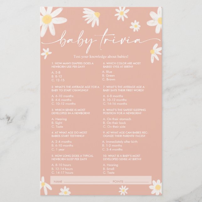 Pink Daisy Baby Trivia, Baby Shower Game (Front)
