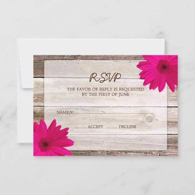 Pink Daisy Barn Wood Wedding RSVP Response Card (Front)