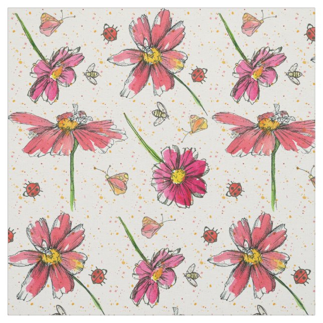 Pink Daisy Bees Ladybugs Fabric (Swatch)
