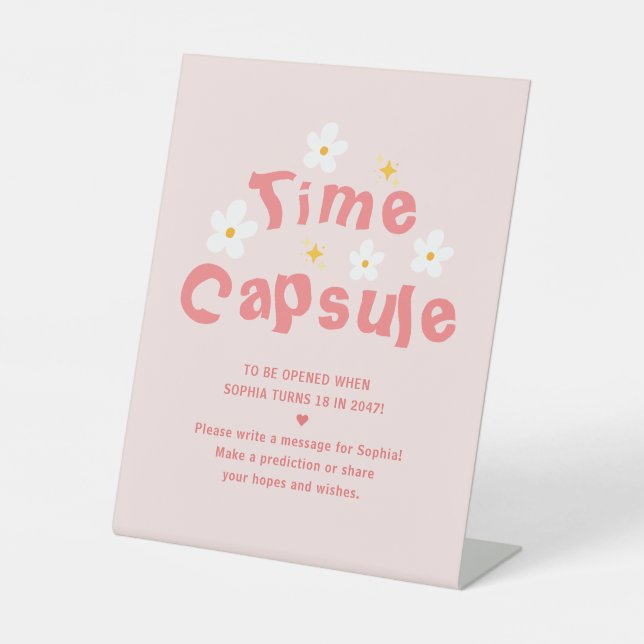 Pink Daisy Birthday Party Time Capsule  Pedestal Sign (Front)