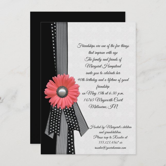 Pink Daisy Black and White Polka Dots Birthday Invitation (Front/Back)