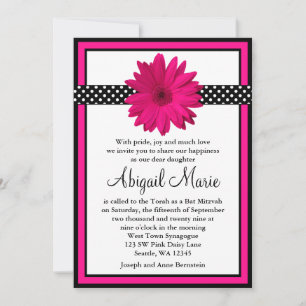 Pink Daisy Black Polka Dots Bat Mitzvah Invitation