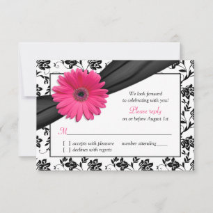 Pink Daisy Black White Floral Damask Wedding RSVP Card