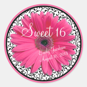 Pink Daisy Black White Floral Sweet 16 Birthday Classic Round Sticker