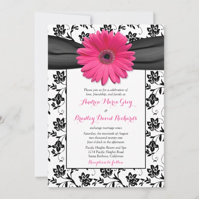 Pink Daisy Black White Floral Wedding Invitation (Front)