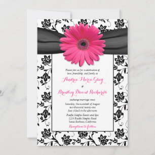 Pink Daisy Black White Floral Wedding Invitation