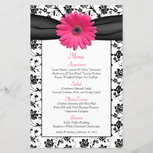 Pink Daisy Black White Floral Wedding Menu Card