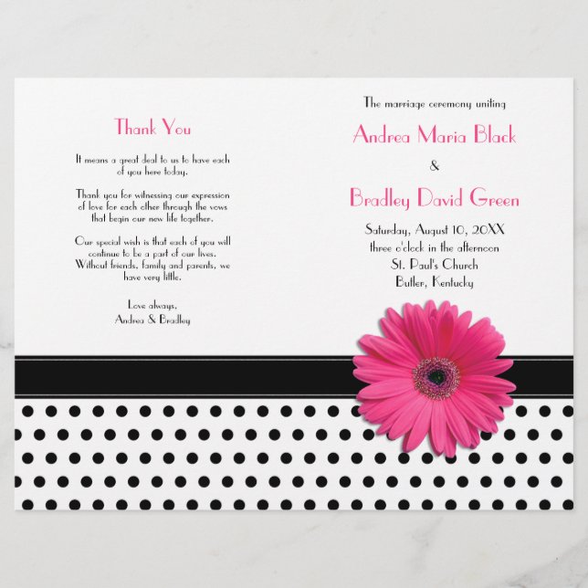 Pink Daisy Black White Polka Dot Wedding Program (Front)