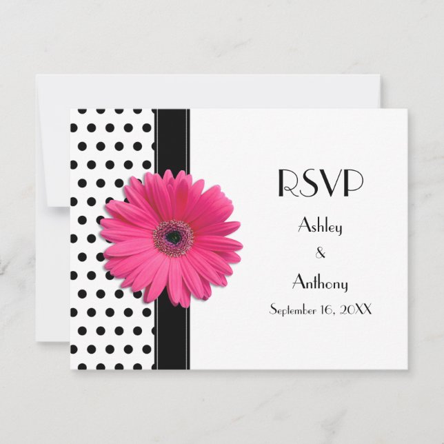 Pink Daisy Black White Polka Dot Wedding RSVP (Front)