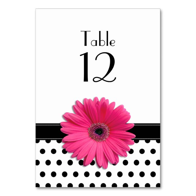 Pink Daisy Black White Polka Dot Wedding Table Number (Front)