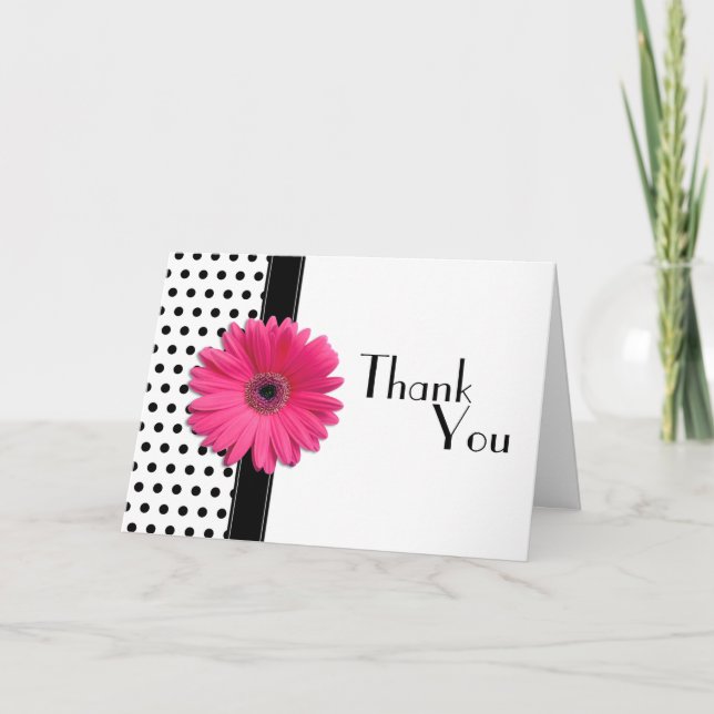 Pink Daisy Black White Polka Dot Wedding Thank You (Front)