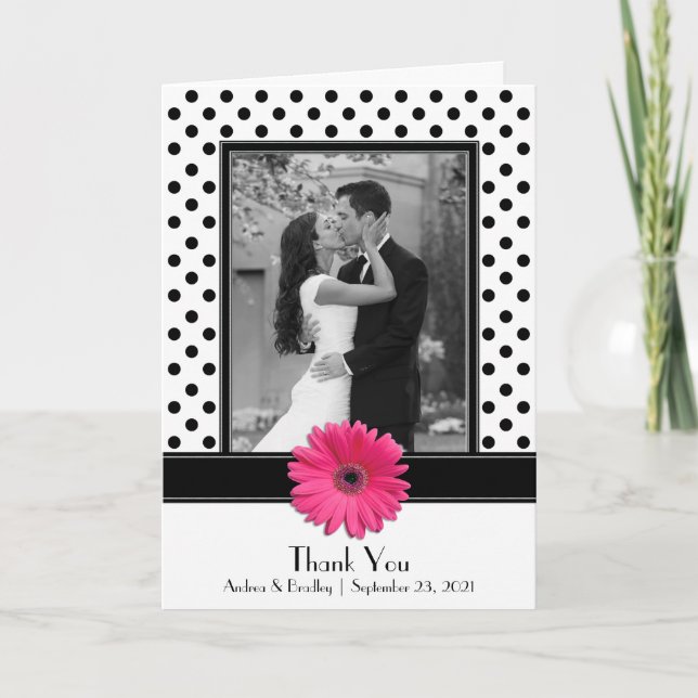 Pink Daisy Black White Polka Dot Wedding Thank You Card (Front)