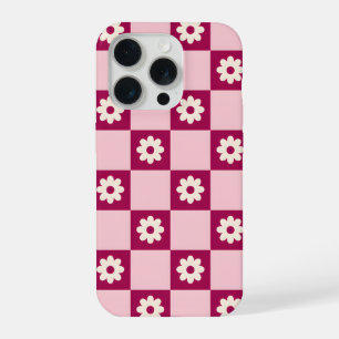 Pink Daisy Chequerboard Pattern iPhone 15 Pro Case