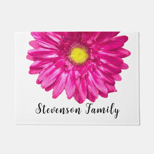 Pink Daisy family last name custom welcome Doormat (Front)