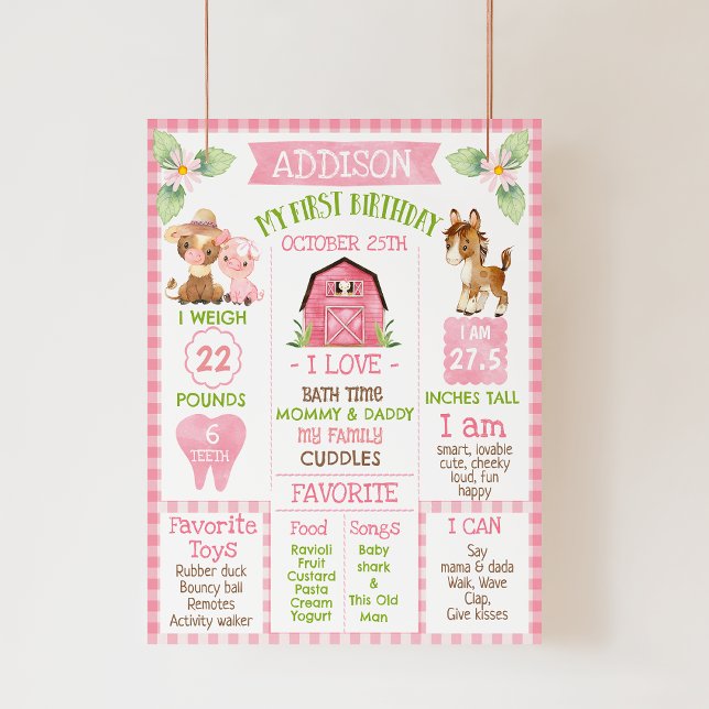 Pink Daisy Farm 1st Birthday Milestone Poster (Girls Editable Pink Farm 1st Birthday Milestone Poster, Farmyard Milestone Board, Barnyard Gingham)