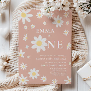 Pink Daisy First 1st Birthday invitation One