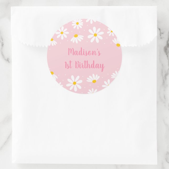 Pink Daisy First Birthday Classic Round Sticker (Bag)